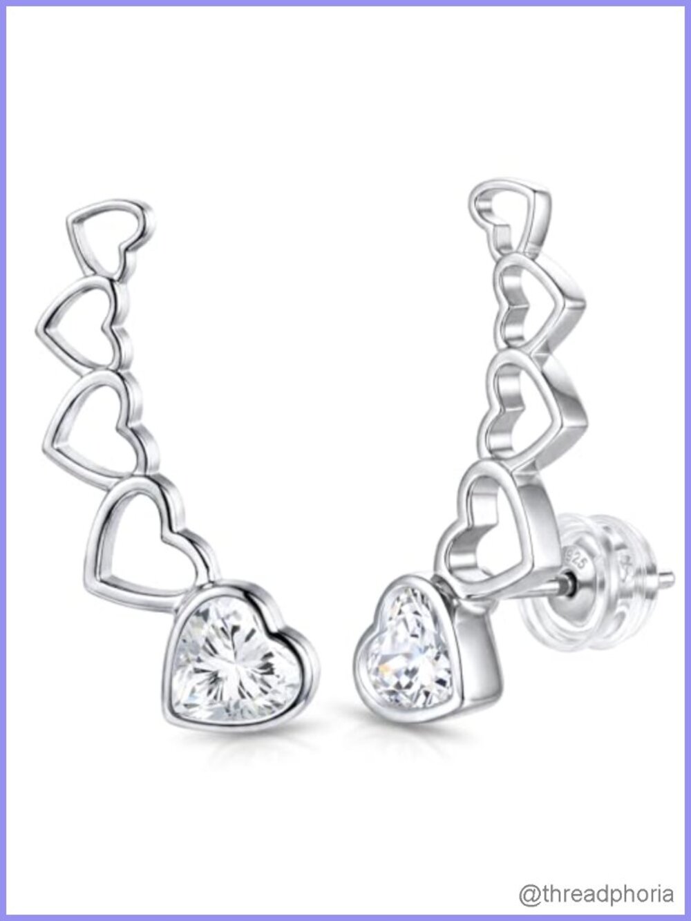 Heart Crawler Stud Earrings Titanium CZ Hypoallergenic Sensitive Ears